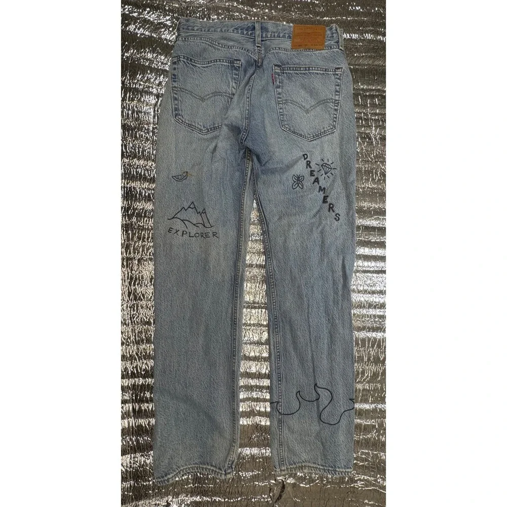 Levis 501 93 Straight Leg Jeans Light Wash Custom Doodle Graphics Mens 32x32